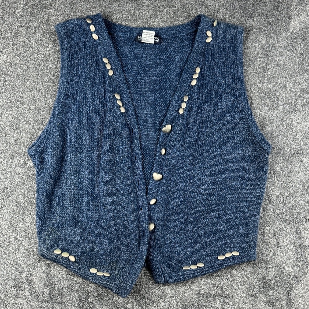 Honors‎ Vintage Blue Knit Studded Vest Womens Medium Ramie Cotton Heart Buttons - Picture 3 of 9